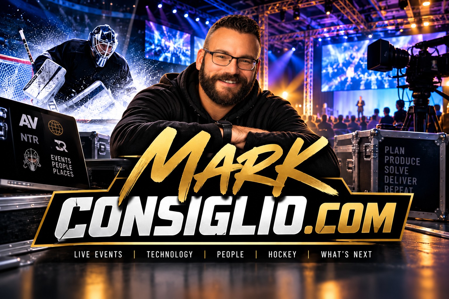 Mark Consiglio among live event production and hockey imagery